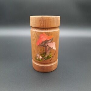 Hand-Painted Wooden Cup with Mushroom Design by B. Miller – Unique 6" Rustic Art